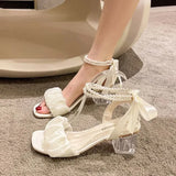 LANFUBEISI Comfort Shoes for Women Block Heels Pearl Sandals Med Suit Female Beige All-Match Chunky 2024 Girls Medium Clear Black Gladiator