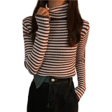 New Black Striped Sweater Women Knitted Pullover Autumn Long Sleeve Turtleneck Knitwear Korean Bottoming Shirt Stretch Jumpers LANFUBEISI