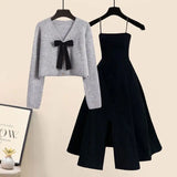 Autumn and Winter Fashion Women's Set New Korean Design Knitted Sweater Casual Strap Skirt Elegant Women's Two Piece Set LANFUBEISI