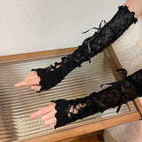 Sexy White Hollow Satin Bow Lace Gloves Lolita Bride Thin Sun Protection Arm Sleeves Women Summer Fingerless Sunscreen Mittens LANFUBEISI