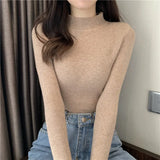 Jocoo Jolee 2023 Autumn Basic Bottoming Sweater Top Women Ribbed Soft Mock Neck Elastic Pullover Warm Solid Color Slim Jumper LANFUBEISI