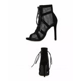 New Fashion Show Black Net Fabric Cross Strap Sexy High Heel Sandals Woman Shoes Pumps Lace-up Peep Toe Sandals Casual Mesh LANFUBEISI