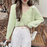 Y2k Women Cardigan Sweater Knitted Cropped Korean Short Long sleeve Crop Top V neck Fashion Clothe LANFUBEISI