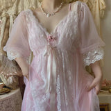 1 Set Fairytale Women Princess Pink Gauze Robe+Nightdress.Lady Girl Rose Lace Nightgowns Tulle Pajamas Vintage Sleepwear Nightie LANFUBEISI