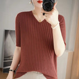 LANFUBEISI Women Sweater Short Sleeve V-neck Stripe Knitwears Slim Fit Shirt Korean Fashion Pullovers Thin Knit Tops Bottoming Shirts