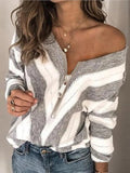 Plus Size Womens Long Sleeve Deep V Neck Zipped Up Hand Knit Striped Sweater Tops Loose Pullover Jumper Tops LANFUBEISI