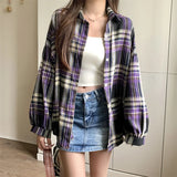 Plaid Shirt Women Autumn Long Sleeve Top Female Vintage Fashion Single Breasted Blouse Ladies Preppy Style Loose Check Shirts LANFUBEISI