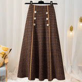 LANFUBEISI Plaid Button Knitted Skirt High Waist Women Autumn and Winter Fashion New Mid-length Large Swing A-line Skirt Midi Elegance