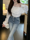 Korean Fashion White Shirts Women Spring Long Sleeve Slash Neck Casual Blouses Elegant Off Shoulder Ruffles Ladies Tops Blusas LANFUBEISI