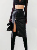 Black PU Leather High Waist Pencil Skirts Vintage Grunge Women Streetwear Zipper High Split Bodycon Midi Skirt with Belt LANFUBEISI