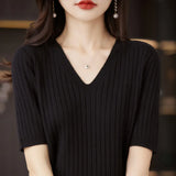 Women Sweater Short Sleeve V-neck Stripe Knitwears Slim Fit Shirt Korean Fashion Pullovers Thin Knit Tops Bottoming Shirts LANFUBEISI