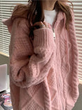 LANFUBEISI Korean Fashion Knit Cardigan Women Autumn Winter Casual Loose Zipper Hooded Thick Sweater Coat Long Sleeve Pink Top