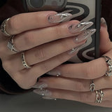 LANFUBEISI Wearable Silver Stripes Y2k False Nails Long Almond Round Fashion Nail Tips Press On With Silver Beads Designs Fake Nails Art