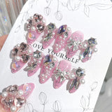 24Pcs Pink Glossy Medium Almond Fake Nails Press on Glitter Shining Heart with Rhinestone Pearl Deisgn False Nails Tips Stick LANFUBEISI