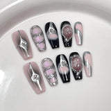 10Pcs Black Handmade Press On Nails Coffin Fake Nails Full Cover Gradient Metal Contrast Artificial Manicure Wearable Nail Tips LANFUBEISI