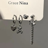 Y2K 6Pcs/set Silver Color Rhinestone Butterfly Stud Earrings for Women Fashion Punk Heart Earring Sets 2023 Trendy Jewelry Gifts LANFUBEISI