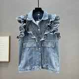 Denim Vest Women Ruffle Spliced Fashion Streetwear Single Breasted Sleeveless Jacket 2024 Summer New Tide Waistcoats LANFUBEISI