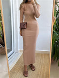 Fall Casual Knit Ribbed Bodycon Long Dress Simple Style Solid Color Long Sleeve O Neck Wrapped Pencil Dress Street Party LANFUBEISI