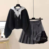 LANFUBEISI Plush Thickened Casual Long Sleeved Hooded Mini Pleated Skirt Two-piece Set Fashionable Women's Skirt Set