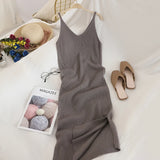 V Neck Solid Knitted Dresses Casual All Match Simple Fashion Korean Women Dress Elegant Vestidos New Clothes LANFUBEISI