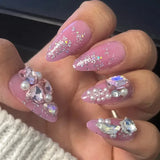 24Pcs Pink Glossy Medium Almond Fake Nails Press on Glitter Shining Heart with Rhinestone Pearl Deisgn False Nails Tips Stick LANFUBEISI