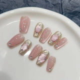 10PCS Pink Cat Eye Handmade Press On Nails Square Head Fake Nails Diamond Designs Full Cover Nail Art Tips Wearable False Nails LANFUBEISI