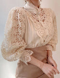 Women Chiffon Button Turtleneck Shirt Chic Elegant Floral Lace Fluffy Long Sleeve Top Fashion Hollow Oversize White Blouse 2024 LANFUBEISI