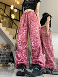 LANFUBEISI Leopard Jeans for Women Pink Streetwear Loose Denim Pants Korean Style Straight High Waist Wide Leg Pants Baggy Jeans