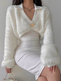 LANFUBEISI Valery Solid Color Fluffy Faux Fur Button Up Long Sleeve Sweater LANFUBEISI