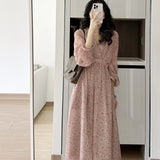 2024 New Style Women's Long Sleeve Pink Floral Dress Salty French Tea Matching Lightweight Spring Clothing LANFUBEISI