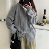 LANFUBEISI FALL OUTFITS Gray Loose Hood Sweater Women Autumn Winter Fashion Korean Thickened Knitted Tops Double Zipper Hoodie Cardigan Female Y2K Coats