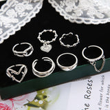 7pcs/set Fashion Heart Chain Ring Set For Women Metal Silver Color Geometric Hollow Finger Ring Trendy Jewelry Gifts 2023 LANFUBEISI