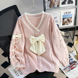 Y2k Sweater New Lace Up Oversize Cute Sweet Vneck Loose Knit Sweater Fashion Colour Matching Playful Lazy Style Knitwear LANFUBEISI