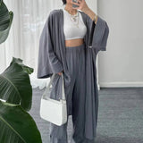 LANFUBEISI Elegant Female Loose Solid Color Outfits 2024 Women's Autumn Suits Lady Pleated Texture Top+Straight Casual Pants Two-Piece Sets