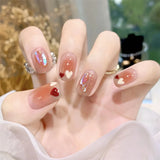 24Ps/Set Medium Long French Fake Nails Bow Japan Nude Pink with Pearls Artificial Acrylic Press on Nails Removable Stick on Nail LANFUBEISI