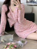 Two Piece Dress Set Sweet Cardigan Sweater + Slim Skirt Pink Elegant Y2k Mini Dress 2022 Autumn Office Lady Casual Knitted Suits LANFUBEISI