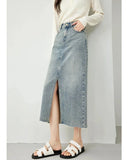 Vimly Denim Skirt for Women High Waist Split Long Jeans Skirt 2024 Spring Elegant Fashion 72295 LANFUBEISI