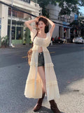 QWEEK Beach Ruffles Holiday Vacation Midi Dress Women Sundress Summer 2024 Causal Off Shoulder Bandage Dresses Fashion Korean LANFUBEISI