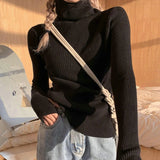 Knitted Sweater Women Korean Version Turtleneck Sweater Winter Solid Color Pullover Slimming Interior Lapping Warm Basic Tops LANFUBEISI