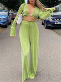 Green Pleated 2Pieces Pants Suits Women Sets Solid Flare Long Sleeve Bandage Crop Tops+Wide Leg Loose Long Pants Outfits LANFUBEISI