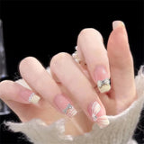 24Ps/Set Medium Long French Fake Nails Bow Japan Nude Pink with Pearls Artificial Acrylic Press on Nails Removable Stick on Nail LANFUBEISI