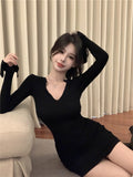 New Korean Mini Dress Women Sexy V Neck Sweater Fashion Elegant Bodycon Dresses Long Sleeve Pleated Robe Short Skirt Waist Solid LANFUBEISI