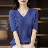 LANFUBEISI Women Sweater Short Sleeve V-neck Stripe Knitwears Slim Fit Shirt Korean Fashion Pullovers Thin Knit Tops Bottoming Shirts