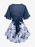 Plus Size New Women's T-Shirts Blue Flower Print Lace Trim Ruched Camis Top And Ruffles Twist Blouse Set LANFUBEISI