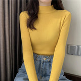 Jocoo Jolee 2023 Autumn Basic Bottoming Sweater Top Women Ribbed Soft Mock Neck Elastic Pullover Warm Solid Color Slim Jumper LANFUBEISI