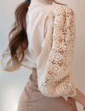 Women Chiffon Button Turtleneck Shirt Chic Elegant Floral Lace Fluffy Long Sleeve Top Fashion Hollow Oversize White Blouse 2024 LANFUBEISI