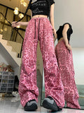 Leopard Jeans for Women Pink Streetwear Loose Denim Pants Korean Style Straight High Waist Wide Leg Pants Baggy Jeans LANFUBEISI