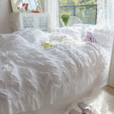 LANFUBEISI White Ruffled Seersucker Duvet Cover Set 3/4pcs Soft Princess Girls Bedding Set With Bed Sheet Pillowcases Wedding Home Textiles LANFUBEISI