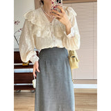 Vintage French Women Shirts Lace Lolita Elegant Long Sleeve Flounce Blouse High Quality Office Lady New Fashion Chic Female Tops LANFUBEISI