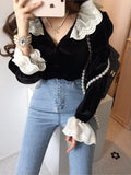 Autumn Velvet Shirts Tops Women Lace Patchwork Fashion Ruffle Long Sleeve Ladies Blouses Vintage Korean Loose Woman Shirt LANFUBEISI